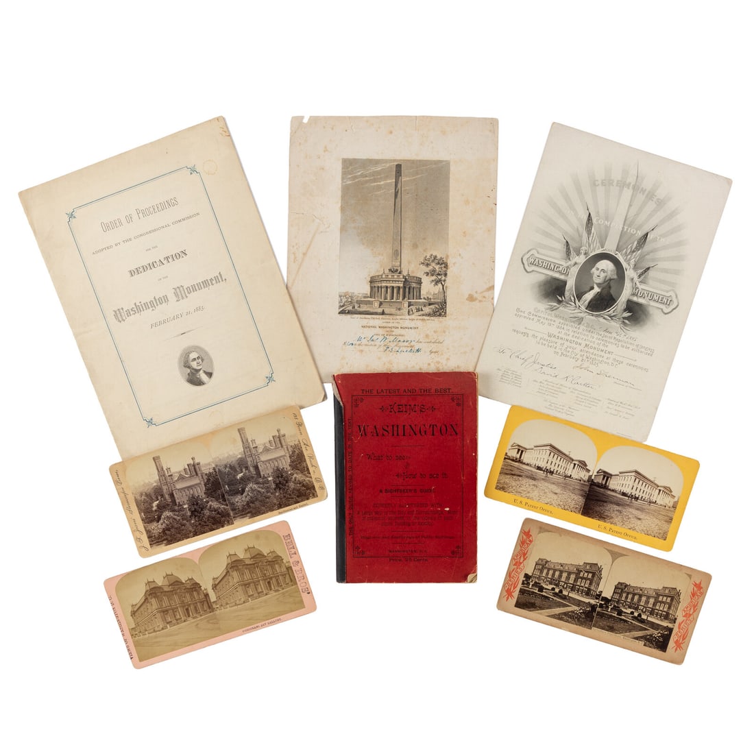 [Washington Monument]. A group of 3 items, comprising:: [Washington Monument]. A group of 3 items, comprising: Partially engraved receipt for $1.00 donation to the construction of the Washington Monument issued to James W. Mason, depicting original propose