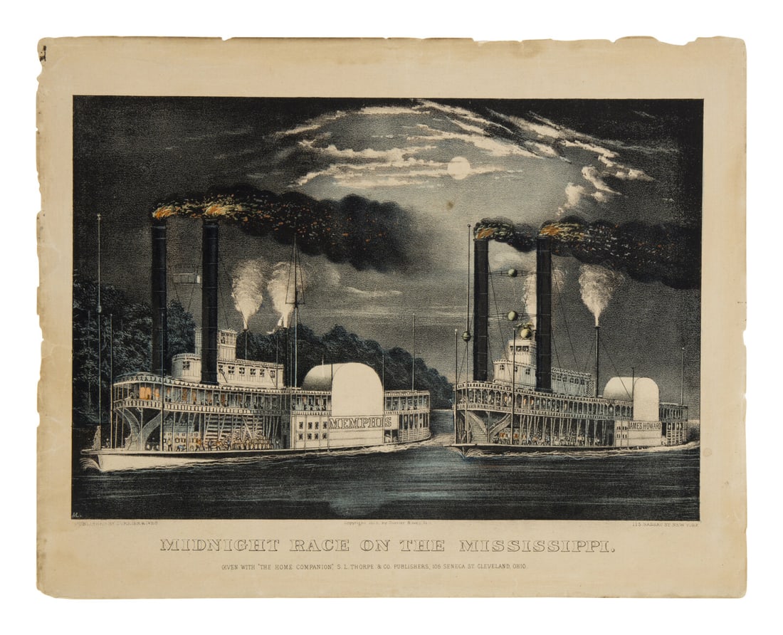 Currier & Ives, publishers -- After Frances F. Palmer: Currier & Ives, publishers -- After Frances F. Palmer Midnight Race on the Mississippi, 1860. (G. 4477). Small-format lithographs with hand-coloring heightened in gum arabic, on wove paper, 305 x 381 