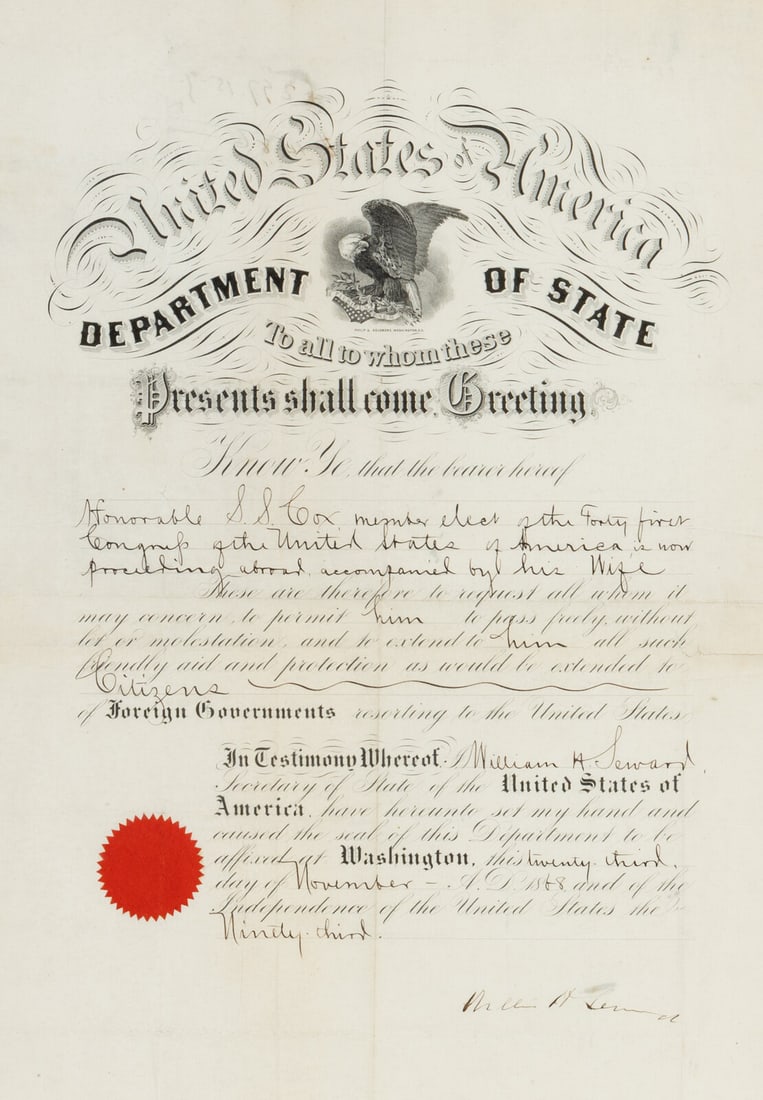 Seward, William Henry (1801-1872). Partly engraved document signed ("William H. Seward"), 23 (1 of 2)