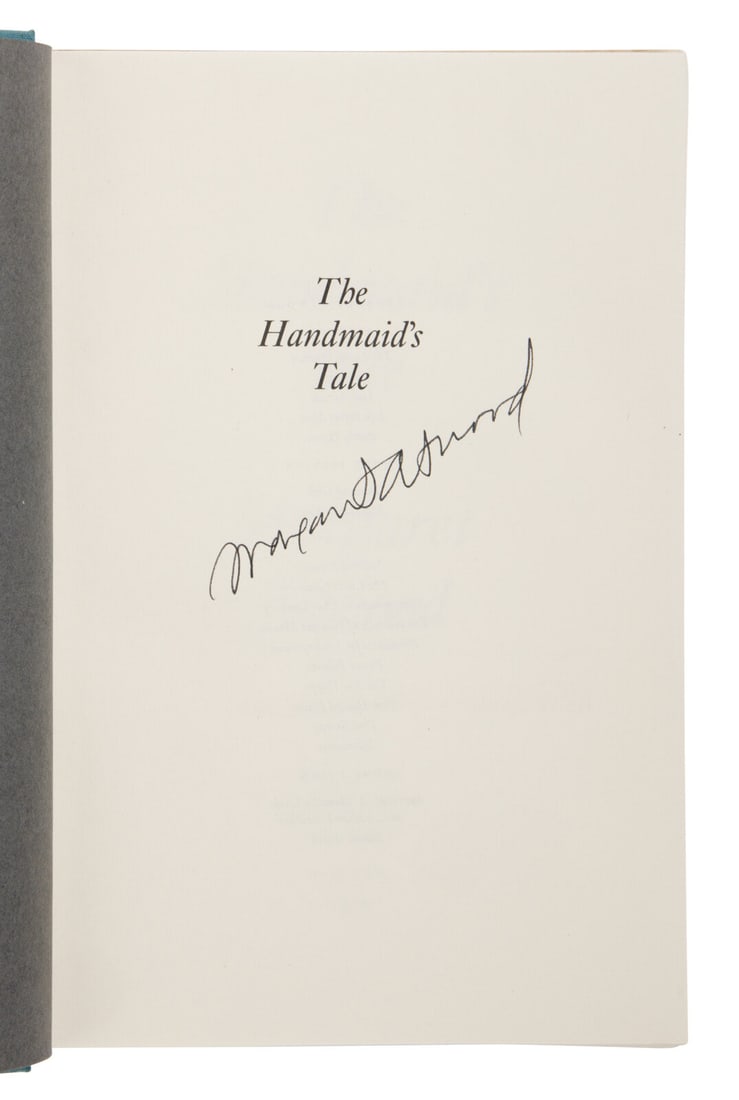 Atwood, Margaret (b. 1939). The Handmaid's Tale. Boston: Houghton Mifflin Company, 1986.: Atwood, Margaret (b. 1939). The Handmaid's Tale. Boston: Houghton Mifflin Company, 1986. 8vo. Original teal blue cloth-backed boards; dust jacket. FIRST AMERICAN EDITION. SIGNED BY ATWOOD on the half-