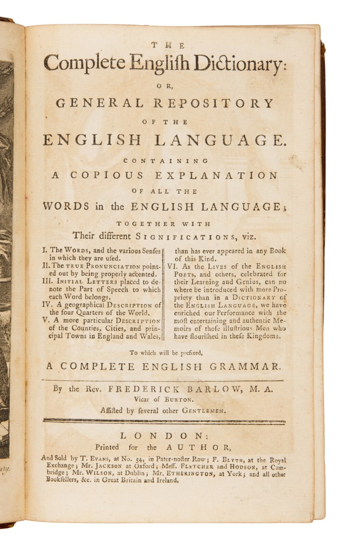 Barlow, Frederick, Rev. The Complete English Dictionary. London; For the Author, 1772.: Barlow, Frederick, Rev. The Complete English Dictionary. London; For the Author, 1772. 2 volumes, 8vo (210 x 127 mm). Engraved frontispiece and 17 plates of technical devices (minor toning throughout)