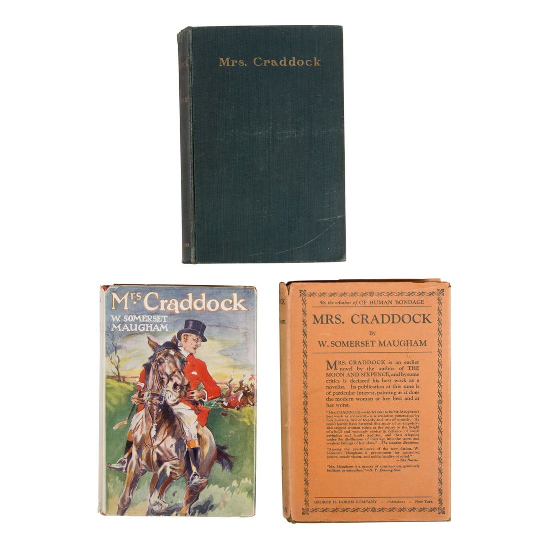 Maugham, W. Somerset (1874-1965). A group of 3 editions of Mrs. Craddock, comprising: (1 of 1)