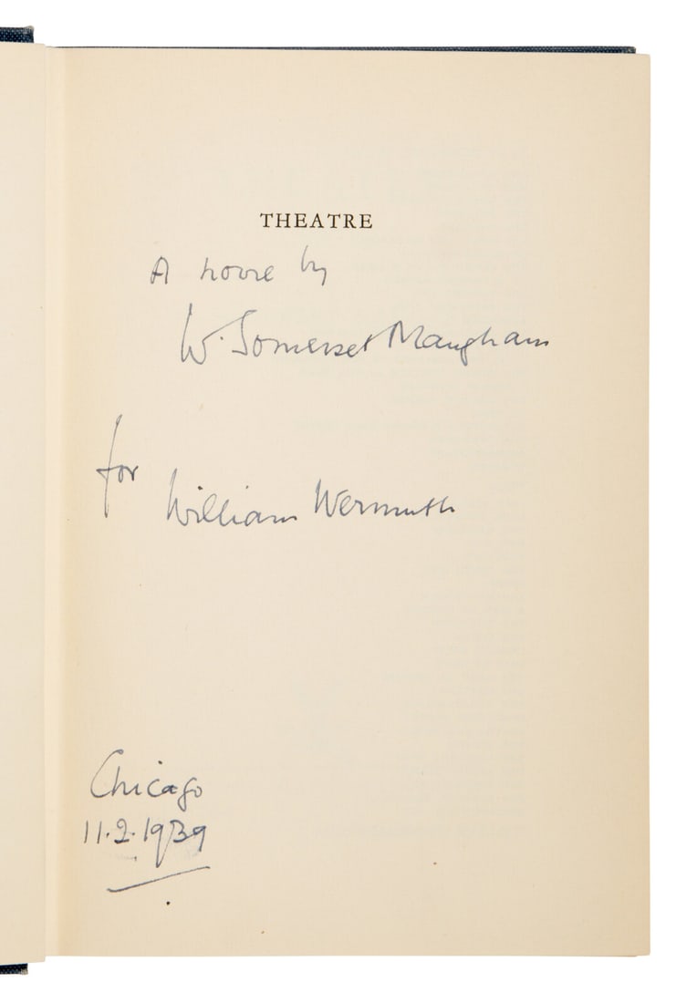Maugham, W. Somerset (1874-1965). Theatre. London: William Heinemann Ltd.,1937.: Maugham, W. Somerset (1874-1965). Theatre. London: William Heinemann Ltd.,1937. 8vo. Original blue cloth (mild sunning to spine). Provenance: William Wermuth (author's inscription); Craig V. Showalter