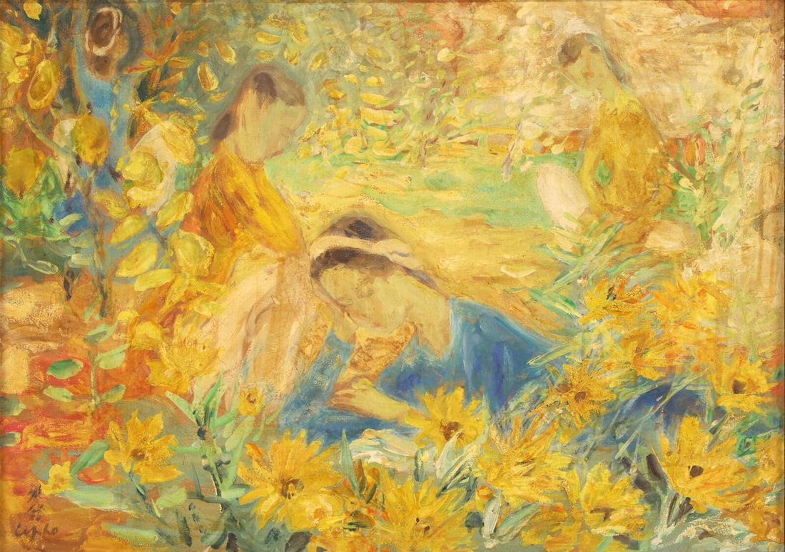 Le Pho 黎譜 (French/Vietnamese, 1907-2001) Dans le Jardin, 1963: Le Pho 黎譜 (French/Vietnamese, 1907-2001) Dans le Jardin, 1963 oil on silk laid down to board signed Le Pho and with Chinese characters (lower left); titled and inscribed (on the reverse)
