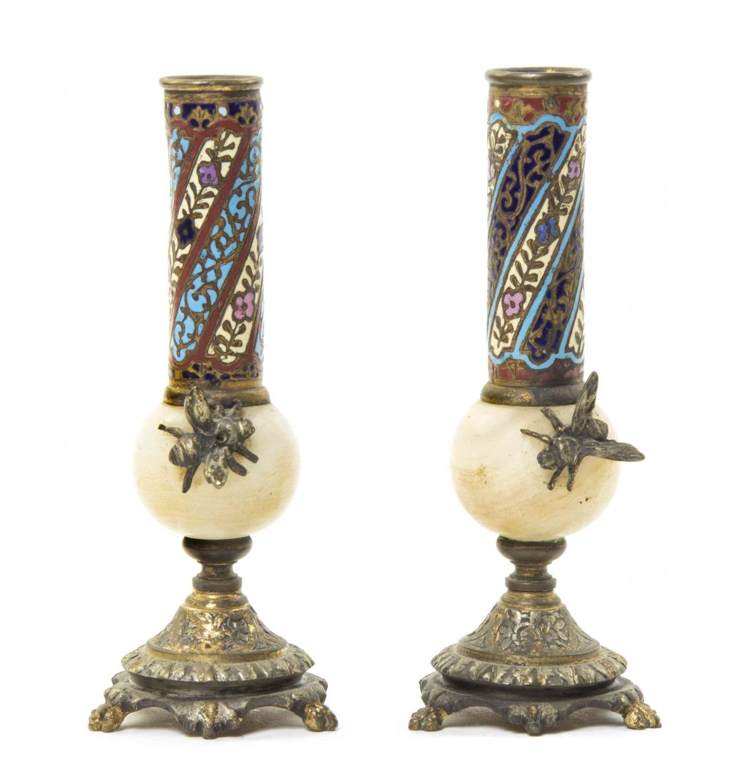 A Pair of Continental Champleve, Onyx and Gilt Metal: A Pair of Continental Champleve, Onyx and Gilt Metal Bud Vases, each cylindrical vase decorated with twisting stylized foliate decoration, the onyx sphere further set with an applied bee form mount. H