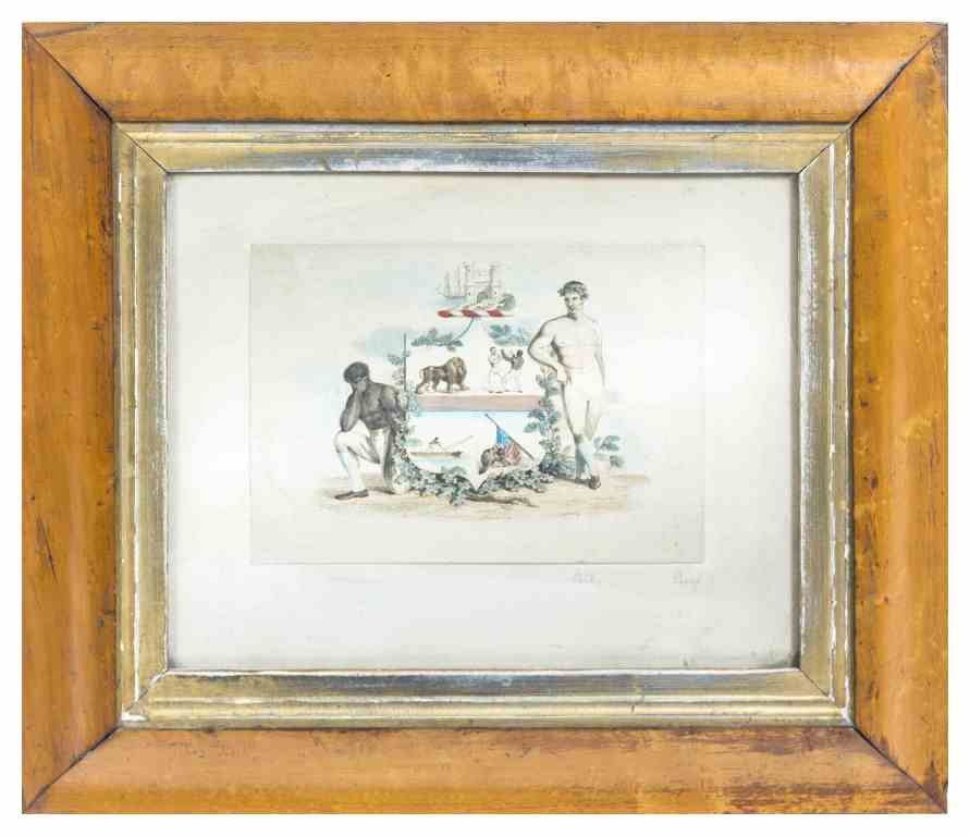 An English Pugilist Handcolored Print, J. Emery, Height: An English Pugilist Handcolored Print, J. Emery, depicting the defeated bare-knuckle boxer and a freed American slave, Tom Molineaux, to the left of a shield with various images of symbolism, the vict