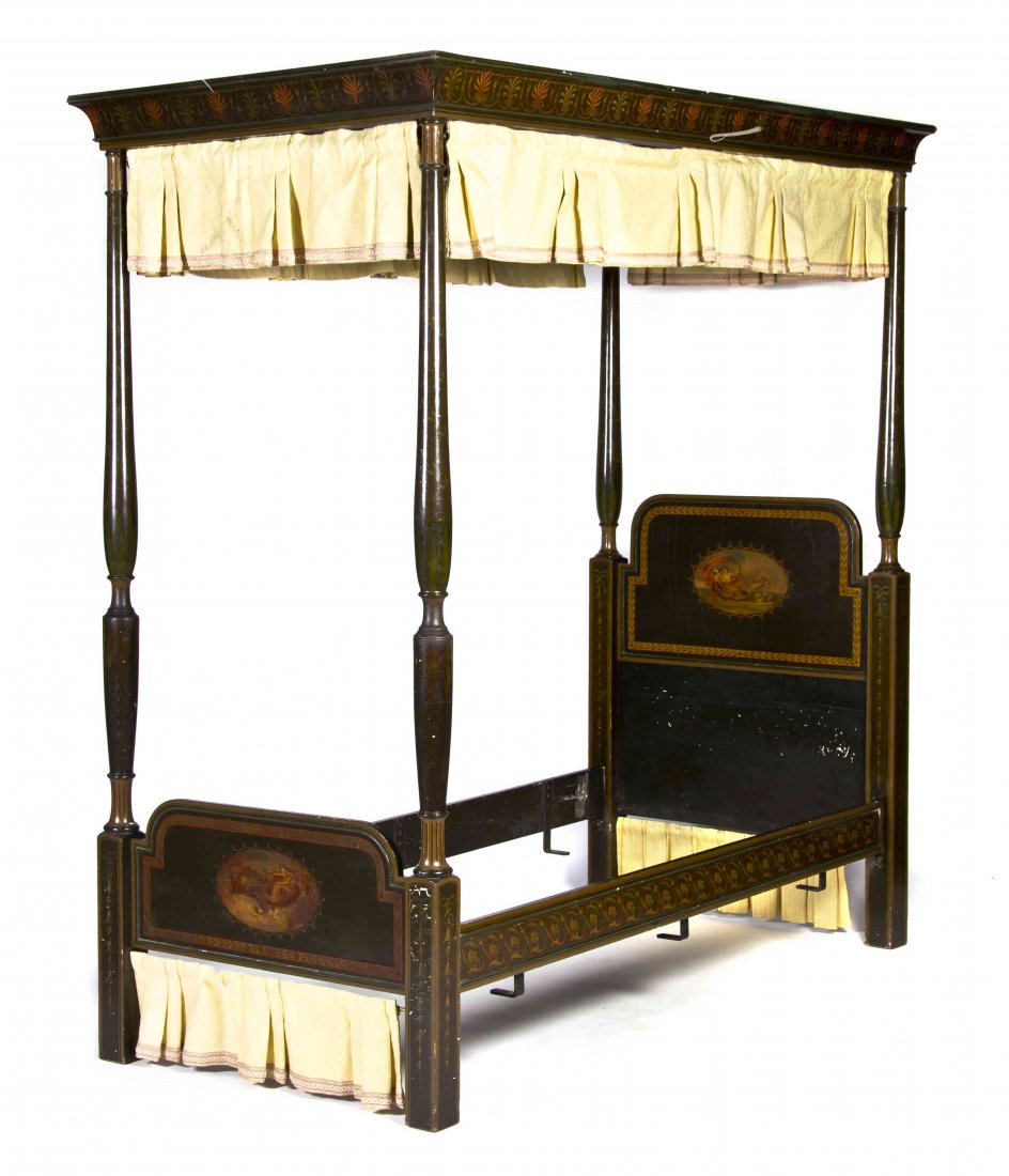 An Edwardian Lacquered and Painted Tester Bed, Height: An Edwardian Lacquered and Painted Tester Bed, decorated with figural and landscape scenes, with baluster supports. Height 89 inches. Provenance: Property from the Estate of Ruth Regenstein, Chicago, 