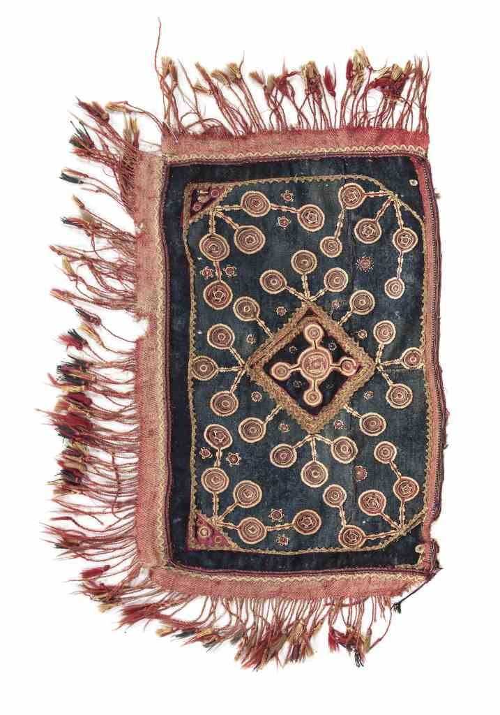 A Middle Eastern Embroidery, Height 28 x width 17: A Middle Eastern Embroidery, having a diamond form center medallion with stylized foliate decoration. Height 28 x width 17 inches. Property from the Estate of Benjamin and Louise Pritz, Cincinnati, Oh