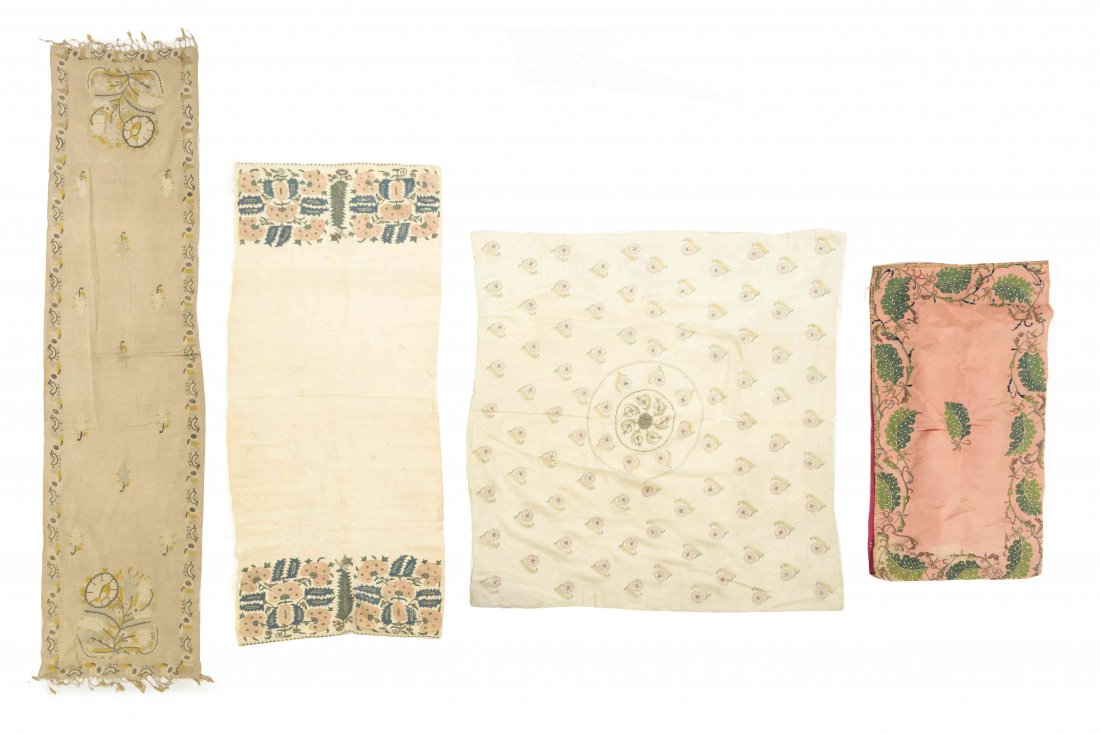 Four Middle Eastern Embroidered Panels, Length of: Four Middle Eastern Embroidered Panels, three of rectangular form and one square, having various stylized foliate motifs. Length of longest 5 feet 6 inches. Property from the Estate of Benjamin and Lo