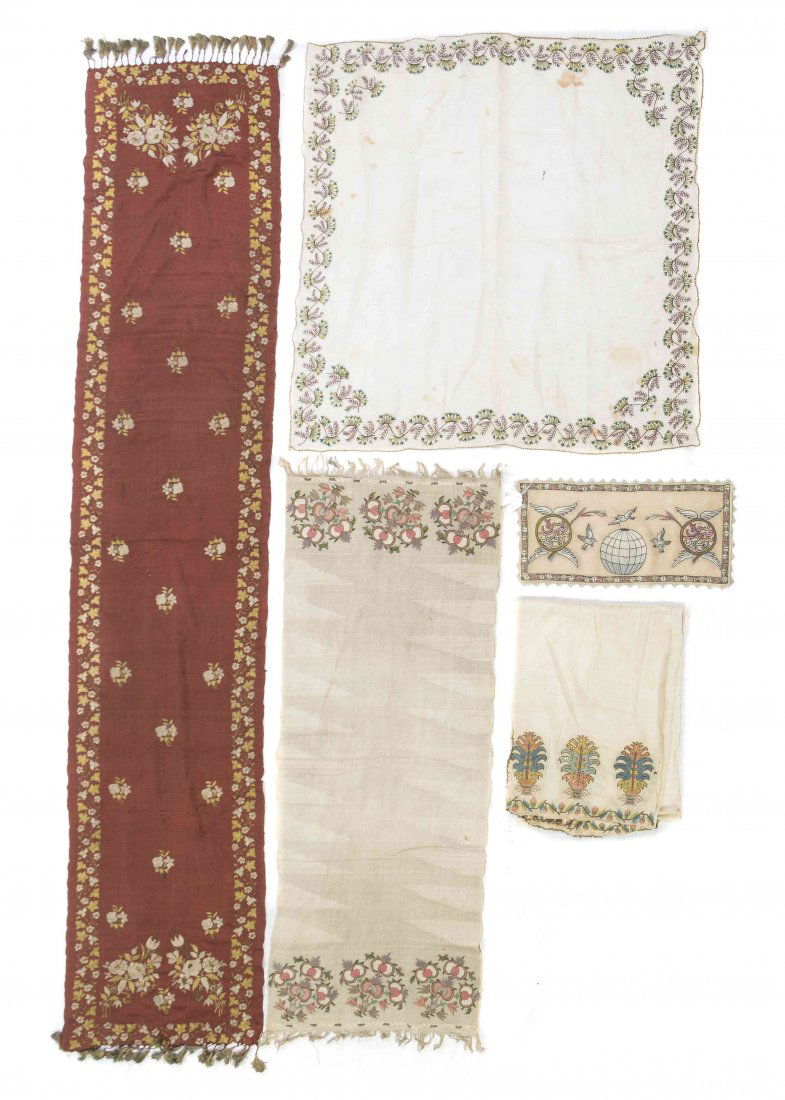 Five Middle Eastern Embroideries, Length of longest 7: Five Middle Eastern Embroideries, comprising three table runners with metallic thread, an embroidered panel emblematic of peace and an embroidered tablecloth. Length of longest 7 feet. Property from t