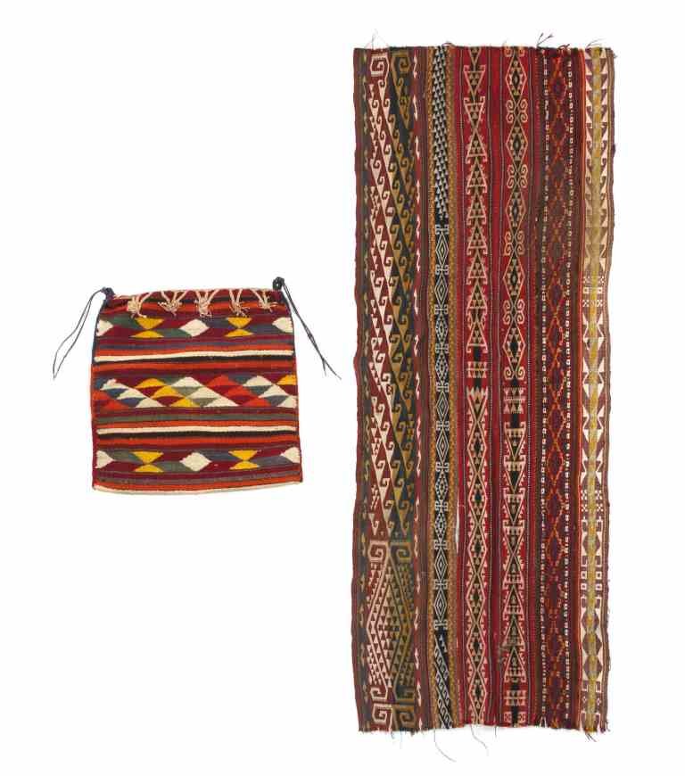 Two Flatweave Textiles, Height of tallest 18 1/4: Two Flatweave Textiles, comprising a saddle bag and a table runner. Height of tallest 18 1/4 inches. Property from the Estate of Benjamin and Louise Pritz, Cincinnati, Ohio