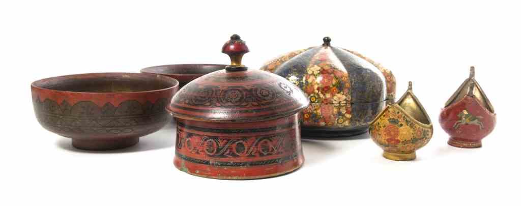 A Collection of Indian and Middle Eastern Lacquered: A Collection of Indian and Middle Eastern Lacquered Articles, comprising one of circular lobed form, a circular box, two bowls and two vessels. Diameter of largest 9 inches. Property from the Estate o