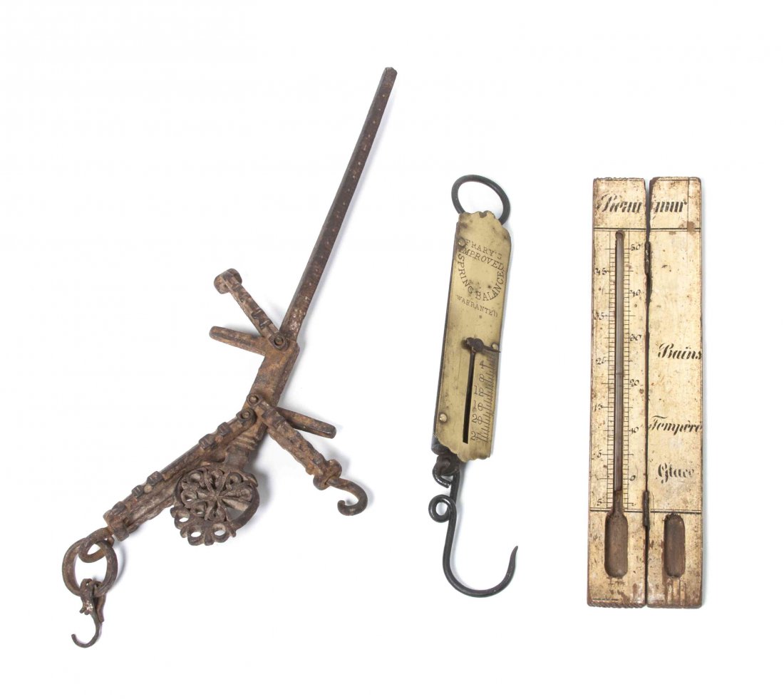 Two Vintage Scales, Length of longest 10 1/2 inches.: Two Vintage Scales, comprising a spring scale and a balance scale, together with a thermometer case. Length of longest 10 1/2 inches. Property from the Estate of Dr. Ivan Jeanne Weiler, Urbana, Illino