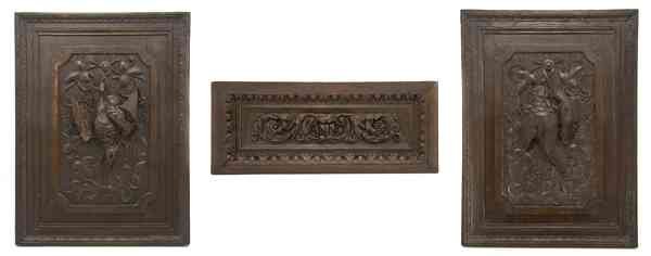 Three Continental Carved Wood Plaques, Height of: Three Continental Carved Wood Plaques, each rectangular, two with game decoration, one with foliate decoration. Height of tallest 27 3/8 inches. Provenance: Property from the Estate of Robert S. Wells