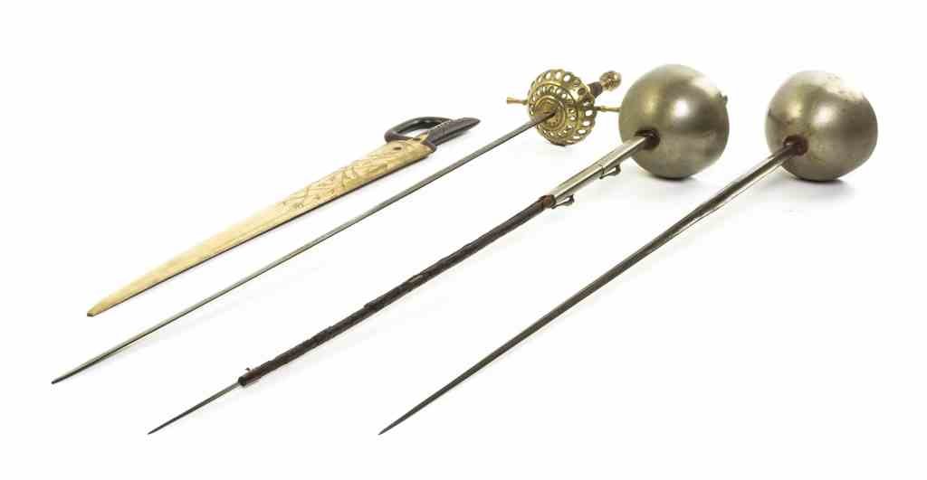 Two Epees, Length of first 41 1/2 inches.: Two Epees, each with a basket hilt, together with a presentation epee and a bone bladed sword. Length of first 41 1/2 inches. Property from the Estate of Benjamin and Louise Pritz, Cincinnati, Ohio
