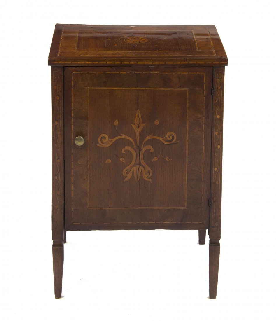 A Continental Marquetry Side Cabinet, Height 30 1/4 x: A Continental Marquetry Side Cabinet, having a rectangular top with a central inlaid medallion above the conforming case fitted with a single paneled door, raised on tapering legs, with allover foliat