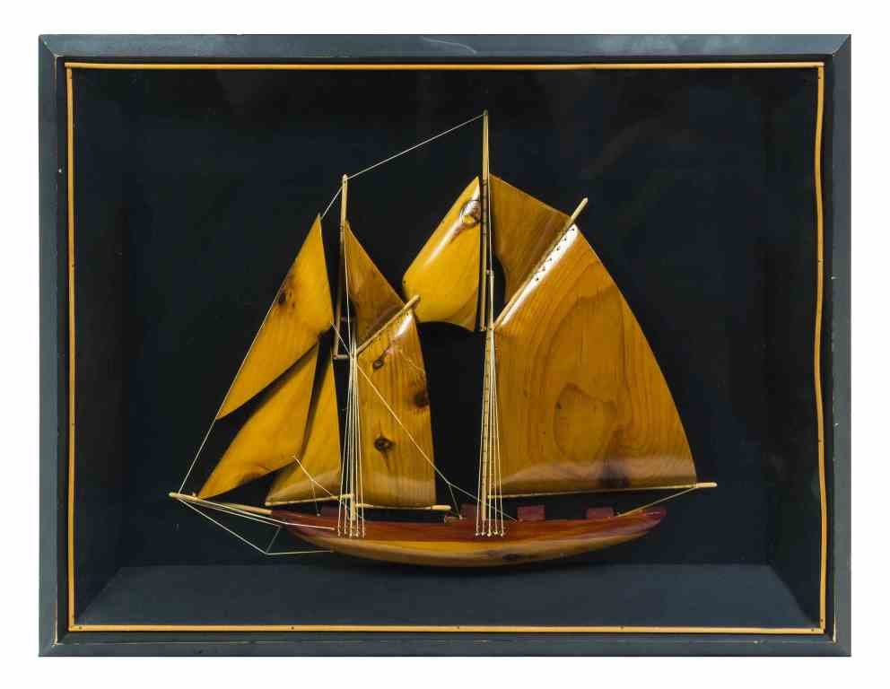 A Half Hull Model, Width overall 21 7/8 inches.: A Half Hull Model, depicting a two mast sailing vessel, set in a shadow box frame. Width overall 21 7/8 inches. Property from the Estate of Benjamin and Louise Pritz, Cincinnati, Ohio