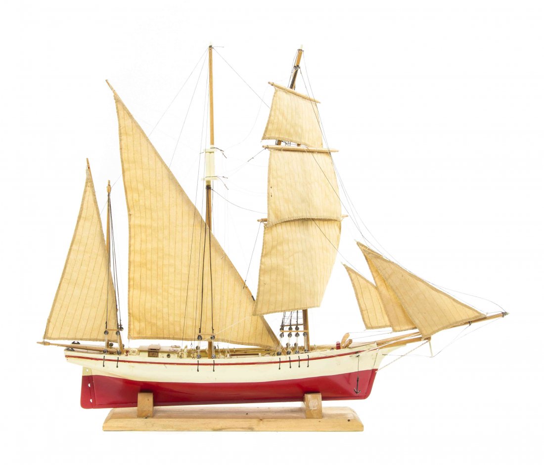 A Scratch Built Model of a Yacht, Width 24 inches.: A Scratch Built Model of a Yacht, depicted in full sail. Width 24 inches.