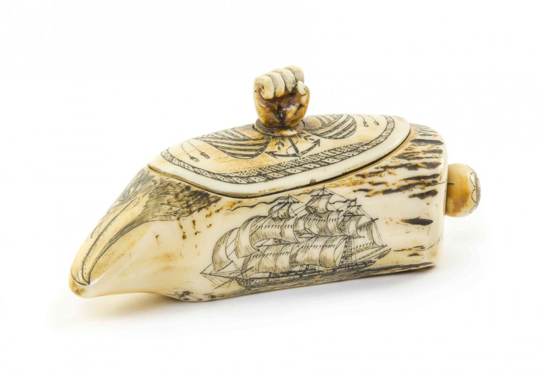 A Composite Scrimshaw Lidded Box, Width 5 1/2 inches.: A Composite Scrimshaw Lidded Box, having a fist form handle and decorated with a three-mast sailing ship. Width 5 1/2 inches.