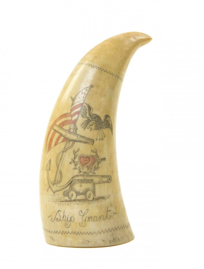 A Scrimshaw Whale's Tooth, Height 3 3/4 inches.: A Scrimshaw Whale's Tooth, titled Ship Grant, decorated with a flag, a cannon and an eagle. Height 3 3/4 inches.