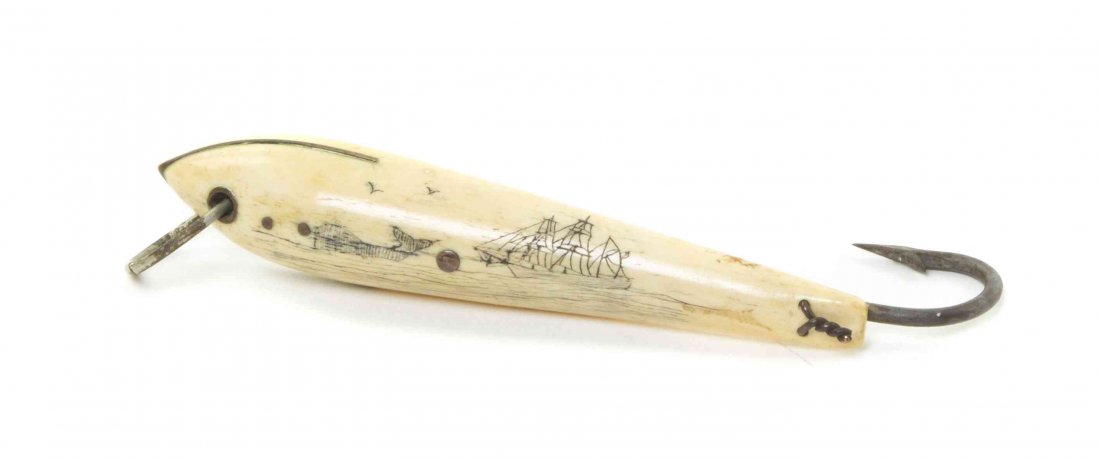 A Scrimshaw Hook, Length overall 5 1/2 inches.: A Scrimshaw Hook, depicting a whaling scene, with iron mounts. Length overall 5 1/2 inches.