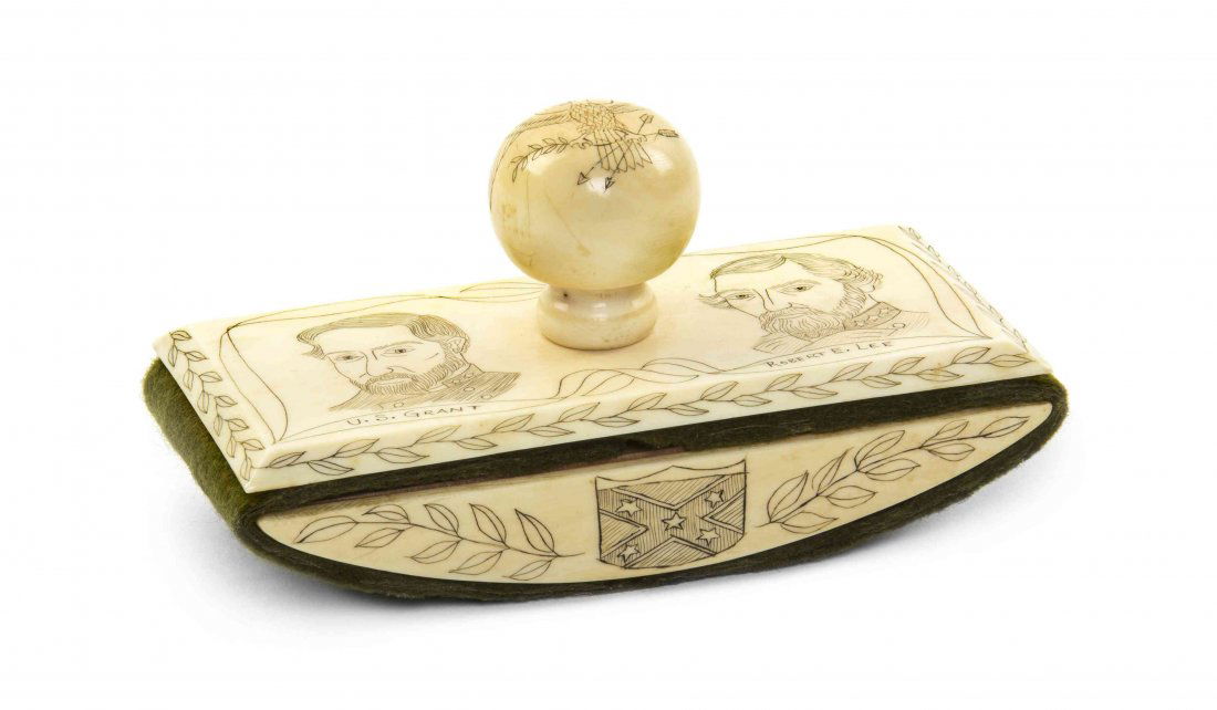 A Scrimshaw Rocker Blotter, Width 4 3/8 inches.: A Scrimshaw Rocker Blotter, depicting the bust of Ulysses S. Grant and Robert E. Lee with a spherical handle etched with the seal of the United States, having a felt lined base. Width 4 3/8 inches.