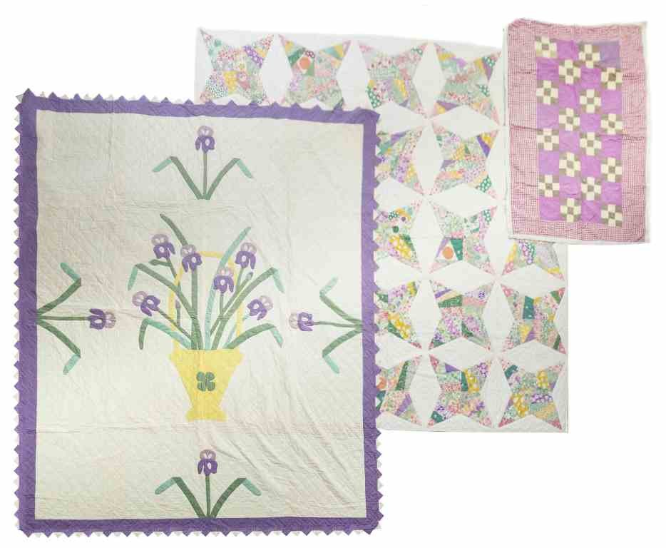 Three American Quilts, Largest: 7 feet 11 inches x 6: Three American Quilts, comprising an example with a pot of flowers, a patchwork four-point star example and a repeating checkerboard pattern. Largest: 7 feet 11 inches x 6 feet 1 inch. Property from t