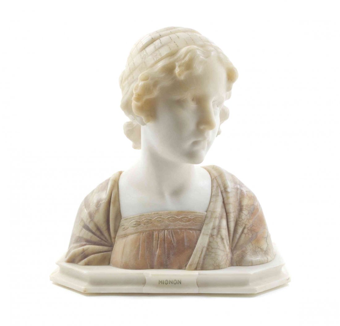 An Italian Marble and Alabaster Bust, Prof. G. Besji,: An Italian Marble and Alabaster Bust, Prof. G. Besji, Mignon, depicting a maiden with a scarf in her hair. Height 15 1/2 inches.