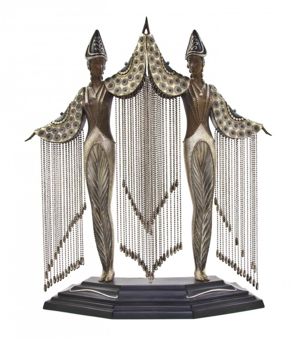 A Polychrome Bronze Figural Group, Romain de Tirtoff: A Polychrome Bronze Figural Group, Romain de Tirtoff Erte (Russian, 1892-1990), Les Bijoux de Perle, depicting two standing maidens with outstretched arms, raised on a stepped base. Height 18 inches.