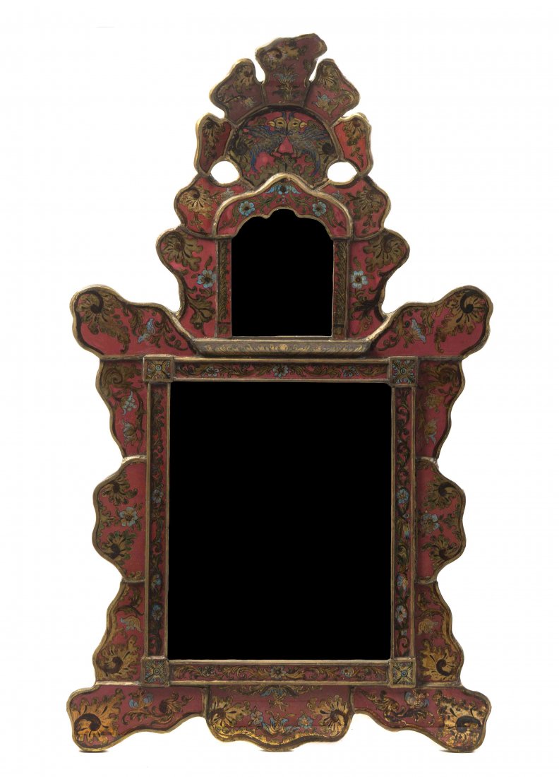 A Venetian Style Glass Mirror, Height 41 x width 24 1/2: A Venetian Style Glass Mirror, having a domed cornice over two mirrored plates set within a polychrome gilt foil backed frame. Height 41 x width 24 1/2 inches.