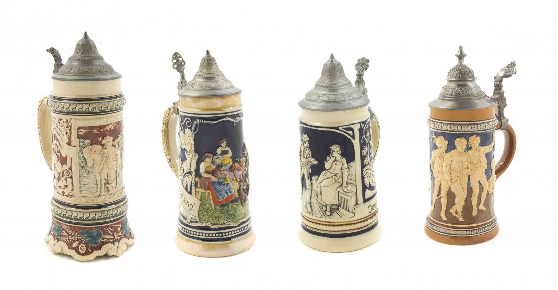 A Collection of Four Pewter Mounted German Ceramic: A Collection of Four Pewter Mounted German Ceramic Steins, each of tapering cylindrical form, the first by Simon Peter Gerz, decorated with a cavalier near his horse, one by Marzi and Remi depicting a