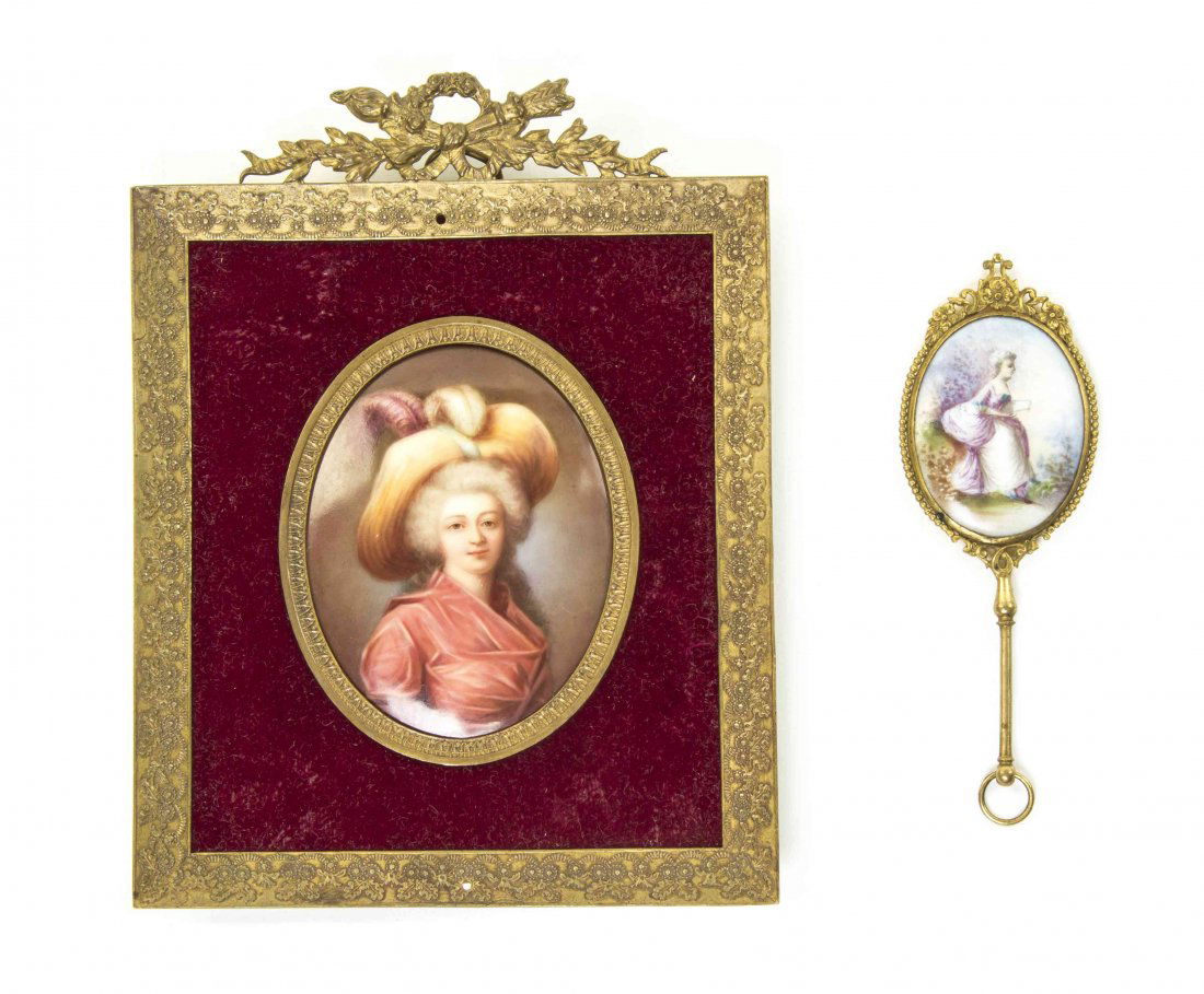 Two Continental Porcelain Plaques, Height of taller: Two Continental Porcelain Plaques, each of oval form, the first depicting a woman in a plumed hat, set in a rectangular bronze frame, the other depicting a woman walking through a landscape, set in a