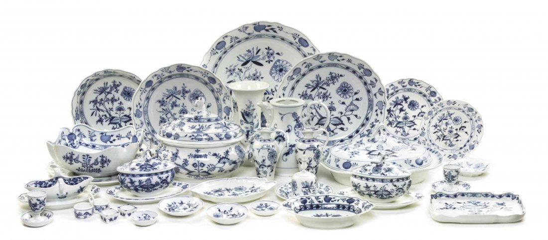 An Extensive Set of Meissen Porcelain Dinnerware, Width: An Extensive Set of Meissen Porcelain Dinnerware, in the Blue Onion pattern, comprising plates, bowls, saucers, serving articles and others, each with crossed swords mark in underglaze blue; 223 items