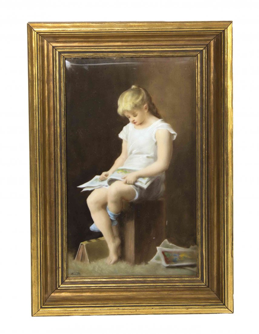 A Royal Vienna Porcelain Plaque, Robert Pilz, Height of: A Royal Vienna Porcelain Plaque, Robert Pilz, Les Images, depicting a young girl seated reading, signed Rob Pilz to lower left, the back titled Elisa Koch and further impressed 38 8 with shield mark.