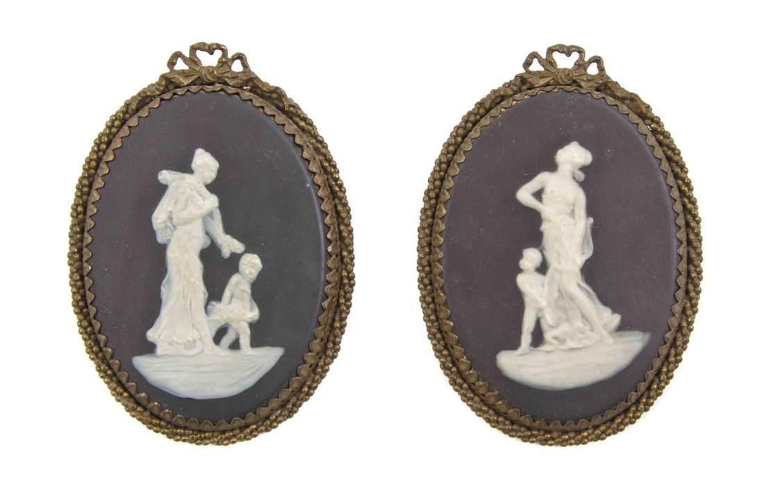 A Pair of Jasperware Plaques, Height overall 4 3/4: A Pair of Jasperware Plaques, each depicting classical figures, set in a brass frame. Height overall 4 3/4 inches.