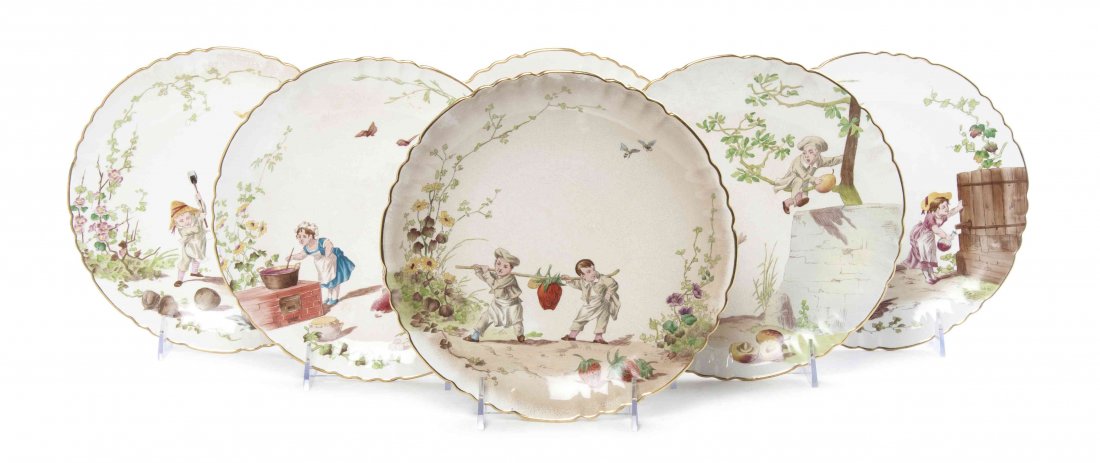 A Set of Six Minton Porcelain Plates, Diameter 8 5/8: A Set of Six Minton Porcelain Plates, each decorated with various whimsical scenes. Diameter 8 5/8 inches.