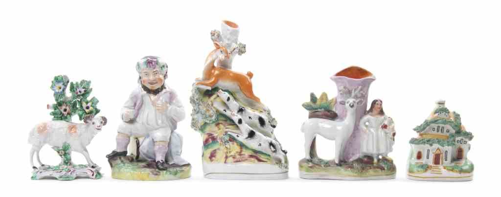 A Collection of Staffordshire Pottery Articles, Height: A Collection of Staffordshire Pottery Articles, comprising two figural spill vases, a bocage group with a ram, an architectural model and a figure of a seated gentleman. Height of tallest 8 1/2 inches