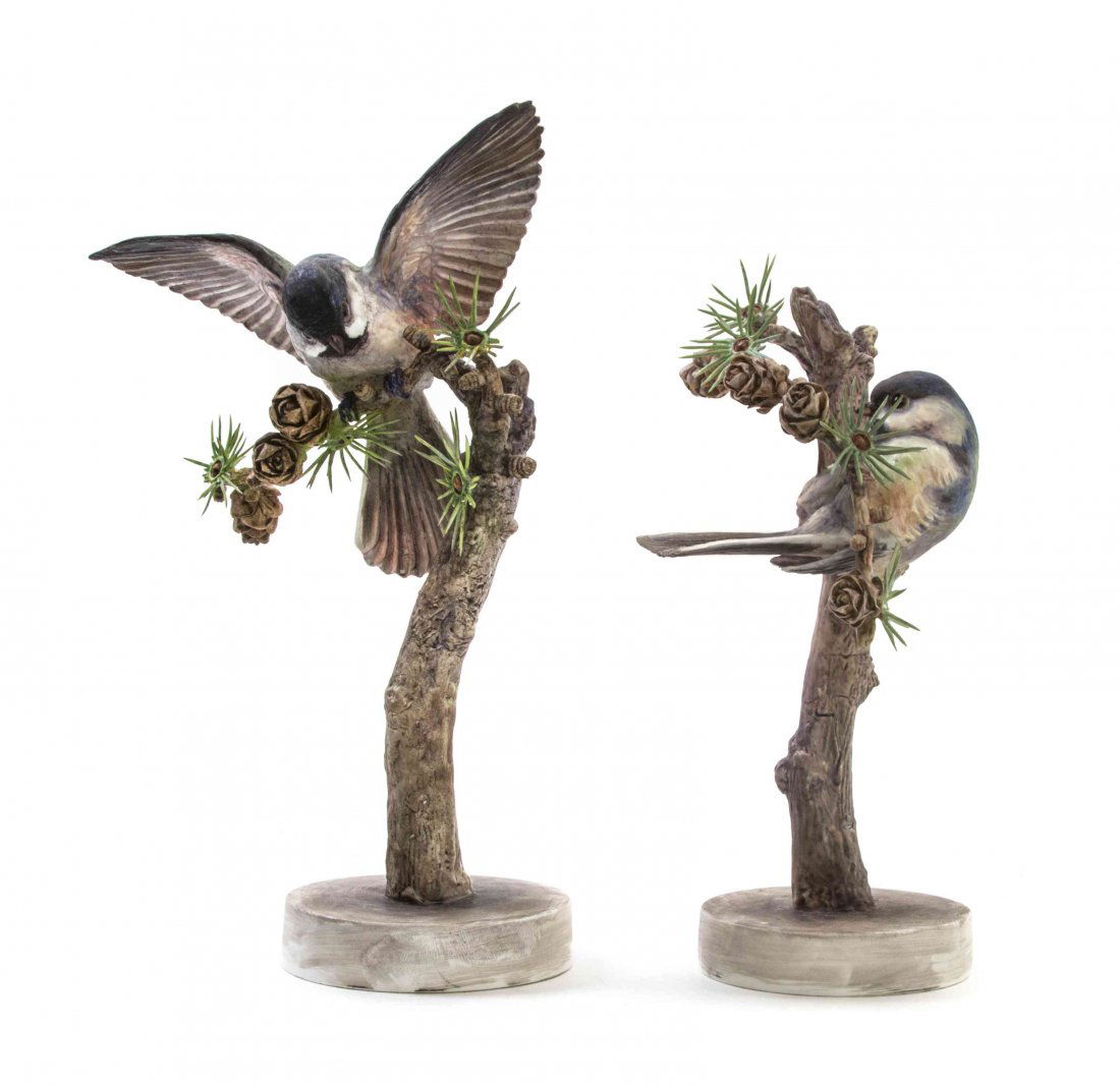 A Pair of Royal Worcester Dorothy Doughty Birds,: A Pair of Royal Worcester Dorothy Doughty Birds, Chickadees, each perched on a larch branch. Height of taller 9 5/8 inches. Property from the Children's Museum of Indianapolis, Indiana
