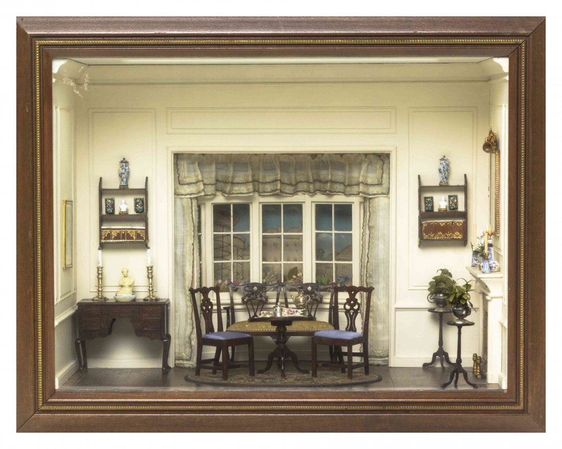 A Narcissa Thorne Diorama, Width overall 18 1/2 inches.: A Narcissa Thorne Diorama, titled Early English Drawing Room, signed and illuminated. Width overall 18 1/2 inches.