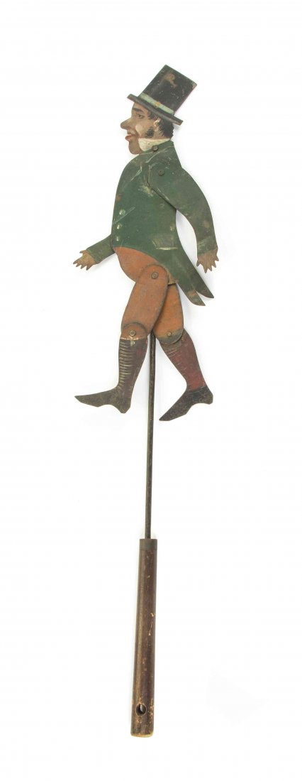 A Tole Articulated Puppet, Height overall 29 1/2: A Tole Articulated Puppet, depicting a gentleman in a top hat. Height overall 29 1/2 inches.