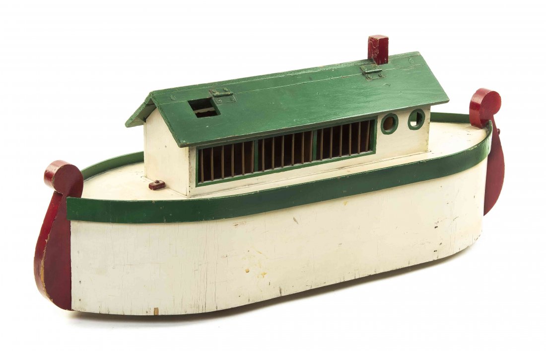 A Painted Wood Model of Noah's Ark, Width 27 inches.: A Painted Wood Model of Noah's Ark, comprising two camels, a monkey, two kangaroos, two lions, two elephants, a monkey, a zebra, a giraffe and two figures; 15 items total. Width 27 inches.