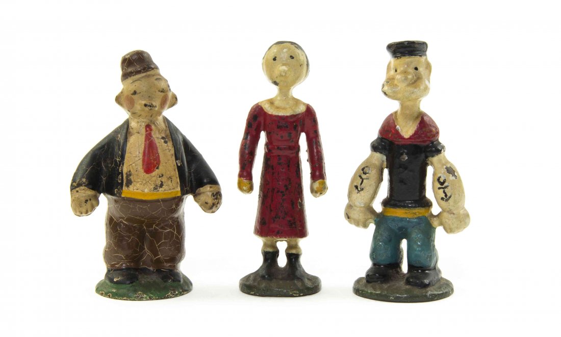 Three Cast Metal and Polychrome Painted Figures, Height: Three Cast Metal and Polychrome Painted Figures, comprising Popeye, Olive Oyl and Wimpy. Height of tallest 3 1/4 inches.