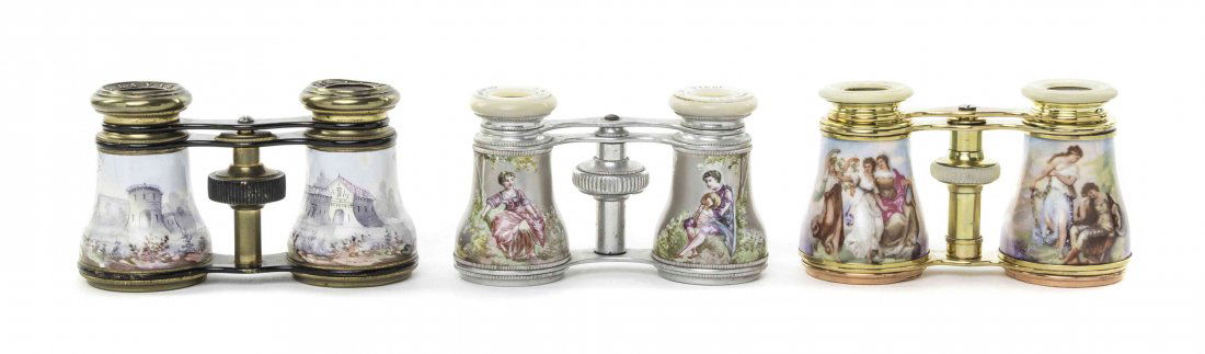 Three Pairs of French Enameled Opera Glasses, Width of: Three Pairs of French Enameled Opera Glasses, two with mother-of-pearl eyepieces, each decorated with figures in landscapes. Width of widest 4 1/8 inches. Property from the Estate of Mr. Mark Fritz, W