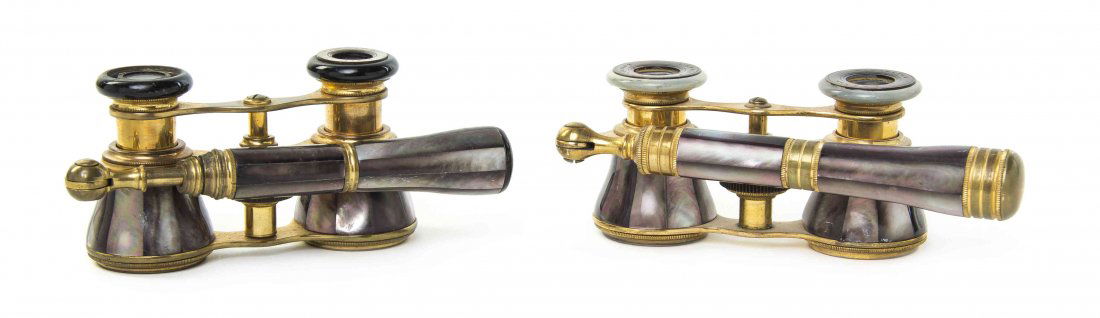 Two Pairs of Mother-of-Pearl Veneered Opera Glasses,: Two Pairs of Mother-of-Pearl Veneered Opera Glasses, one by Lennie, Edinburgh, the other Premier, Paris, each having faceted veneers and a side swing handle with mother-of-pearl eyepieces set in a bra