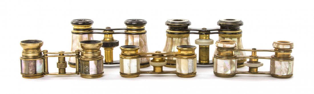 Five Pairs of French Mother-of-Pearl Veneered Opera: Five Pairs of French Mother-of-Pearl Veneered Opera Glasses, comprising one by Lemaire, one by Colmont and one by Bardou & Son, three having barrel form cylinders, each with faceted veneers and each w