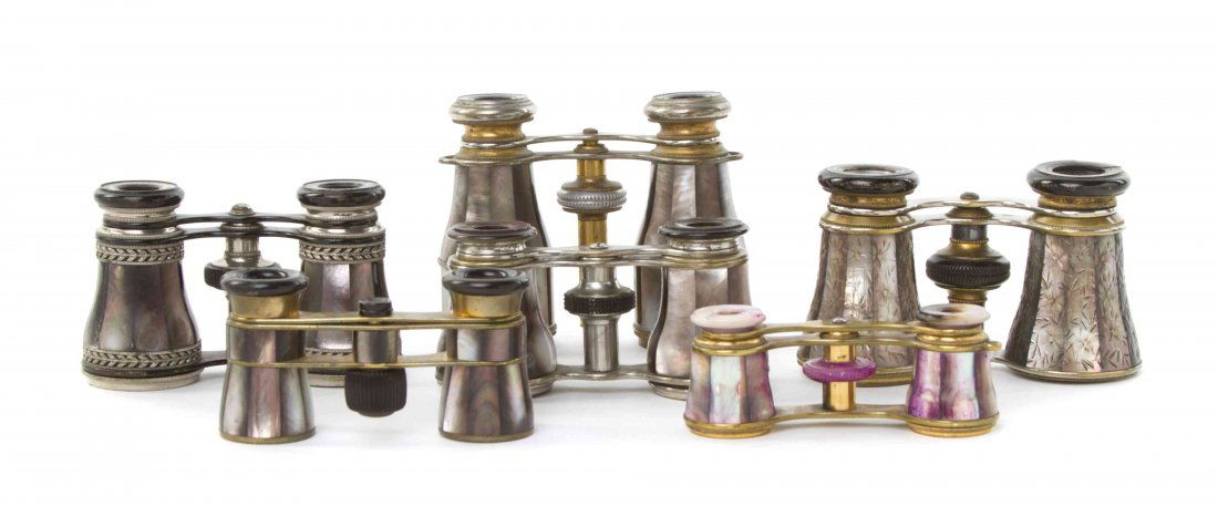 Six Pairs of French Mother-of-Pearl Veneered Opera: Six Pairs of French Mother-of-Pearl Veneered Opera Glasses, comprising one example by Lemaire and one by Audemair, each having grey faceted veneers, one with etched foliate decoration, with various me