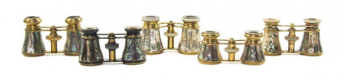 Five Pairs of Continental Abalone Veneered Opera: Five Pairs of Continental Abalone Veneered Opera Glasses, each having faceted veneers with a brass frame. Width of widest 4 inches. Property from the Estate of Mr. Mark Fritz, West Bloomfield, Michiga
