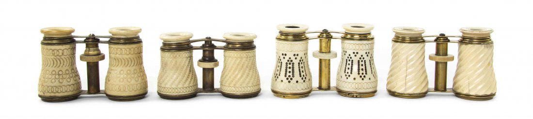 Four Pairs of Bone or Ivory Veneered Opera Glasses,: Four Pairs of Bone or Ivory Veneered Opera Glasses, each of various makers and decoration. Width of widest 4 3/8 inches. Property from the Estate of Mr. Mark Fritz, West Bloomfield, Michigan