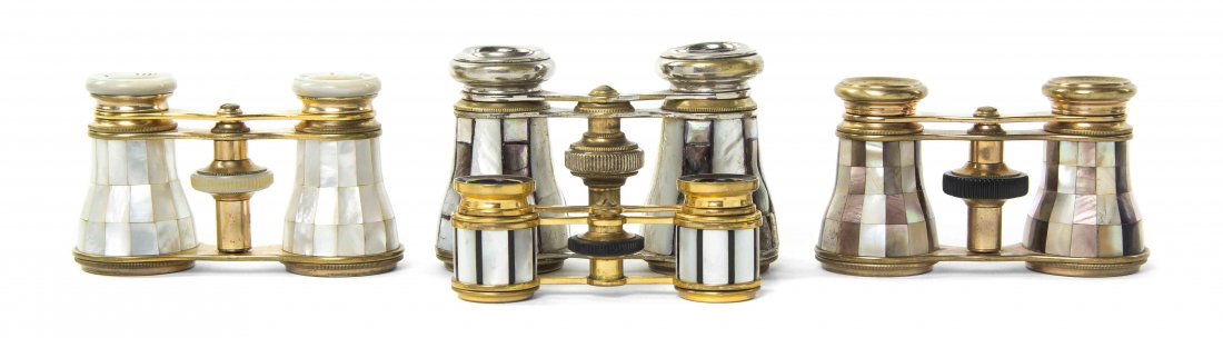 Four Pairs of Mother-of-Pearl or Abalone Veneered Opera: Four Pairs of Mother-of-Pearl or Abalone Veneered Opera Glasses, comprising one by La Princesse, two having alternating mother-of-pearl and abalone veneers, three with brass frames, one with a steel f