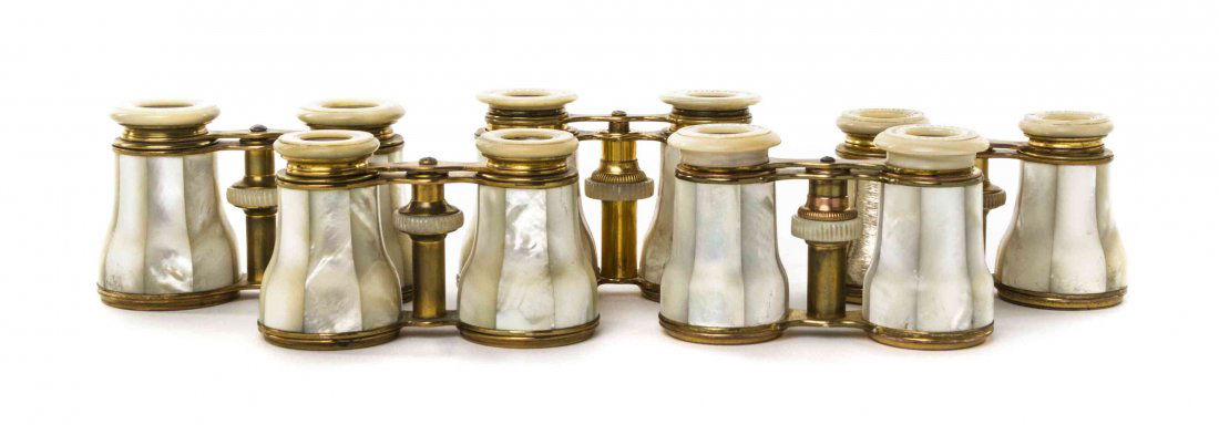 Five Pairs of Continental Mother-of-Pearl Veneered: Five Pairs of Continental Mother-of-Pearl Veneered Opera Glasses, comprising two by Lemaire, each having mother-of-pearl eyepieces, focus wheel and faceted veneers with a brass frame. Width of widest